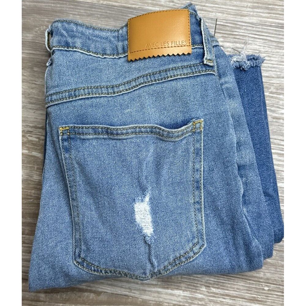 Avec Les Filles Jeans 27 Distressed‎ High Waisted Ripped Cotton Raw Hem Capri